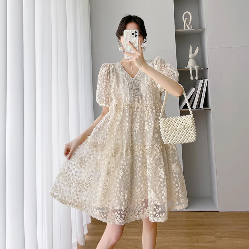 Elegant Oversized Design Sensibility Women's Tank Dress Summer 2025 New Style Fragile Flower Lace Short Sleeves Dresses JH348