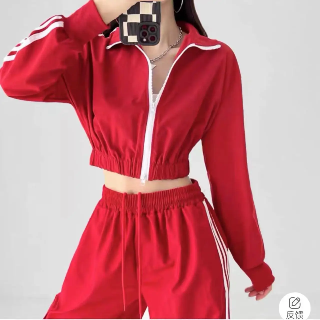 Hot girl American street ultra short jacket for women 2024 spring/autumn high waisted loose zipper three bar sports and leisure