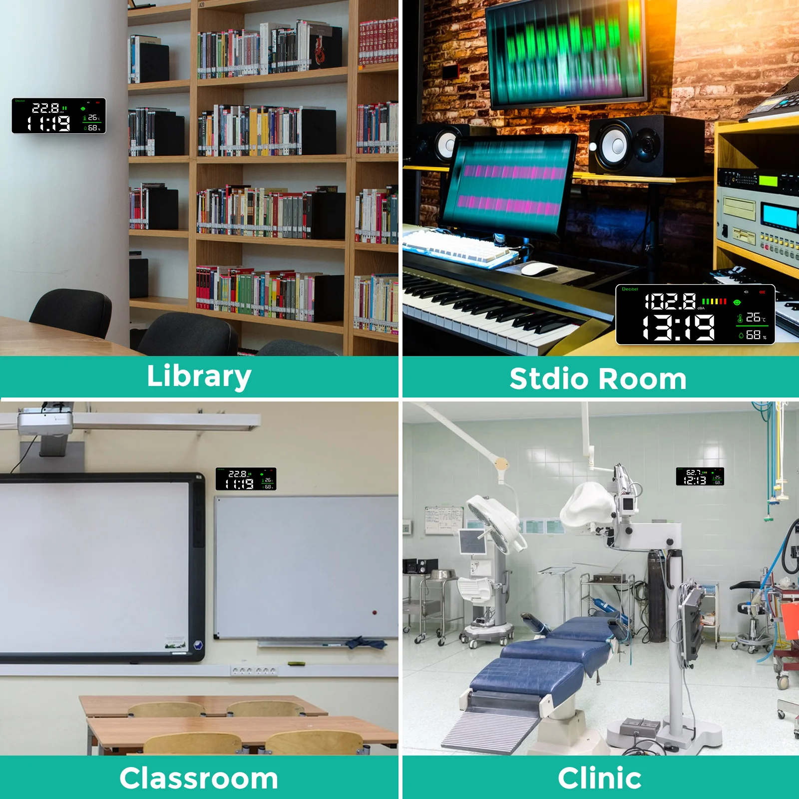 Decibel Sound Level Meter Wall Noise Tester Clock Measuring Sound Level Humidity Temperature with 11 Inch Screen Display