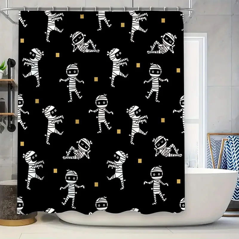 Cortina de ducha impermeable con temática de Halloween con un divertido patrón de momia con detalles de color amarillo brillante para un baño espeluznante pero elegante.