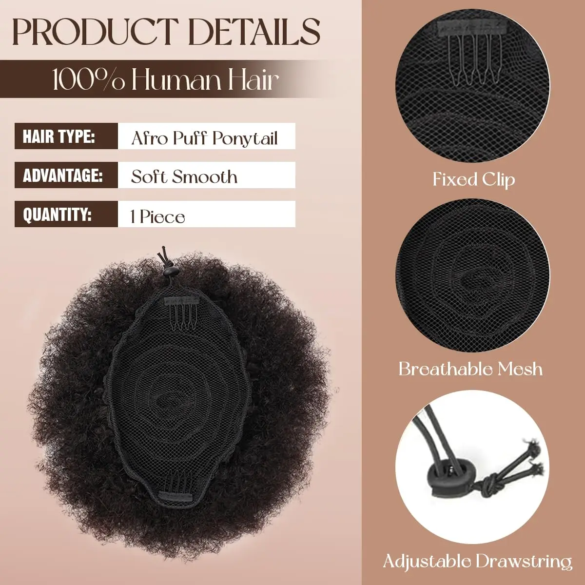 100% شعر بشري أفريقي غريب منتفخ برباط على شكل ذيل حصان للنساء 4 #   99J 30 إكسسوارات شعر أفرو منتفخة مجعدة