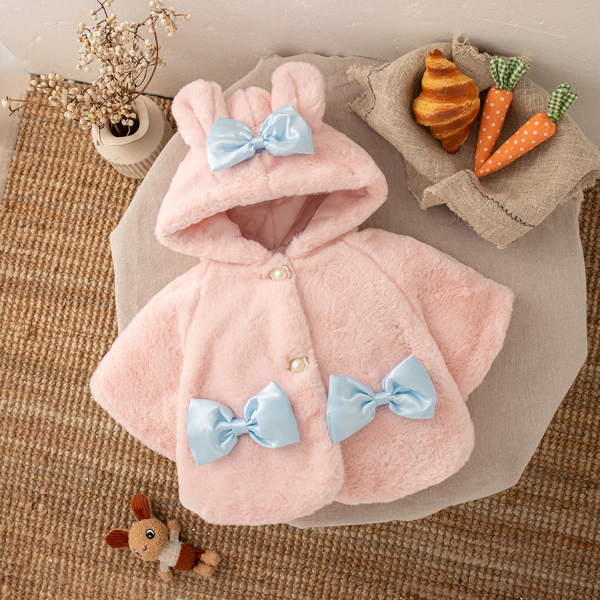 Winter New Blue Bow Baby Girl Coat, Thick And Warm Children'S Clothing Suitable For Babies Aged 9 Months To 3 Years Old