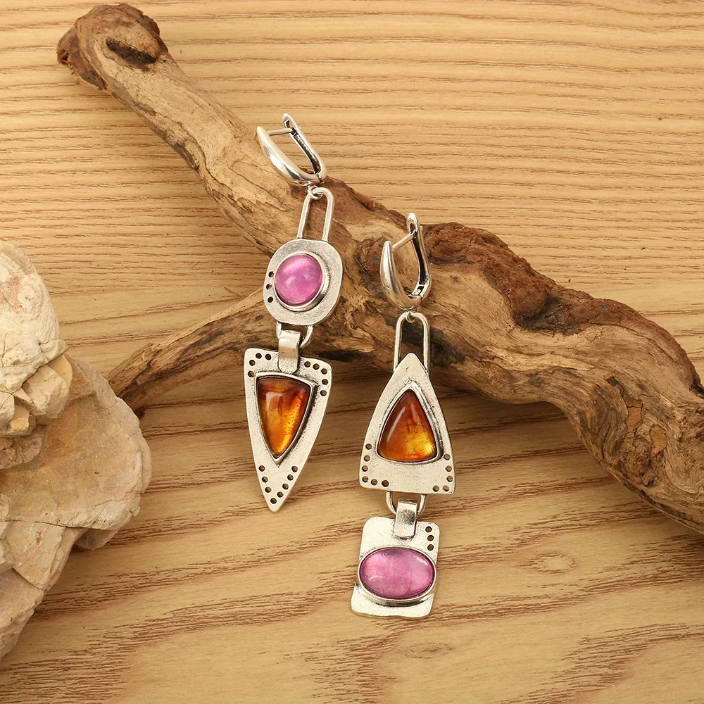 Geometric Punk Simple Pendant Earrings, Vintage Inlaid With Orange And Purple Gems, Suitable For Women\'s Banquet Memorial Gifts