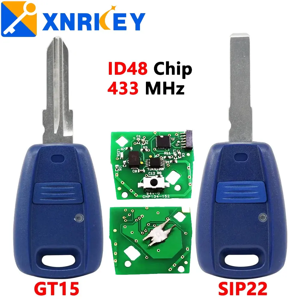 Chave remota para Fiat Punto Doblo Bravo, SIP22, lâmina GT15R, azul, preto, chip ID48, 433MHz Fob, 1 lâmina de botão, XNRKEY