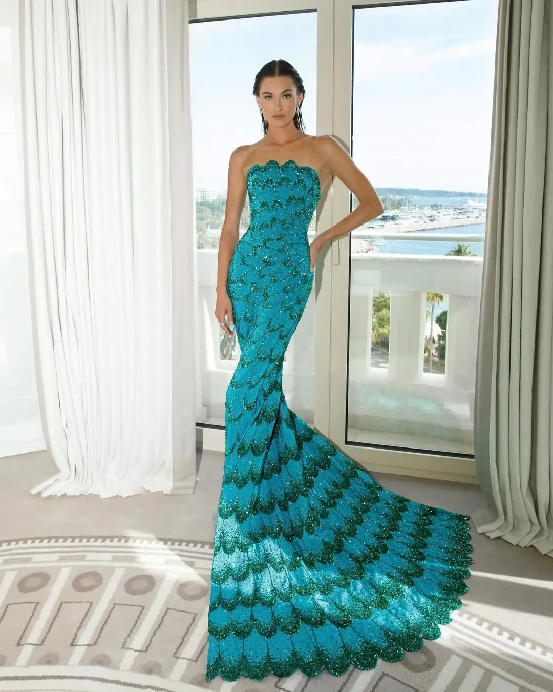 

Ofherown вечернее платье русалки с павлиньими перьями и блестками, бирюзовое длинное платье без бретелек для выпускного вечера, роскошное вечернее платье для женщин