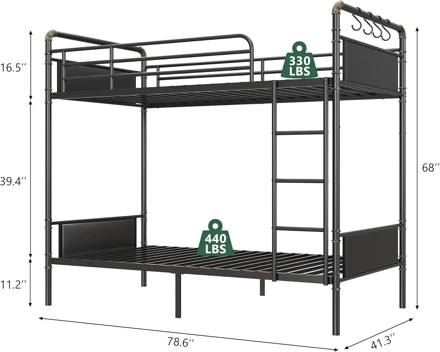 Bunk Bed Twin Over Twin, Industrial Bunkbeds with Heavy Duty Bed with Safety Guard Rails and Space-Saving Design, Steel Be