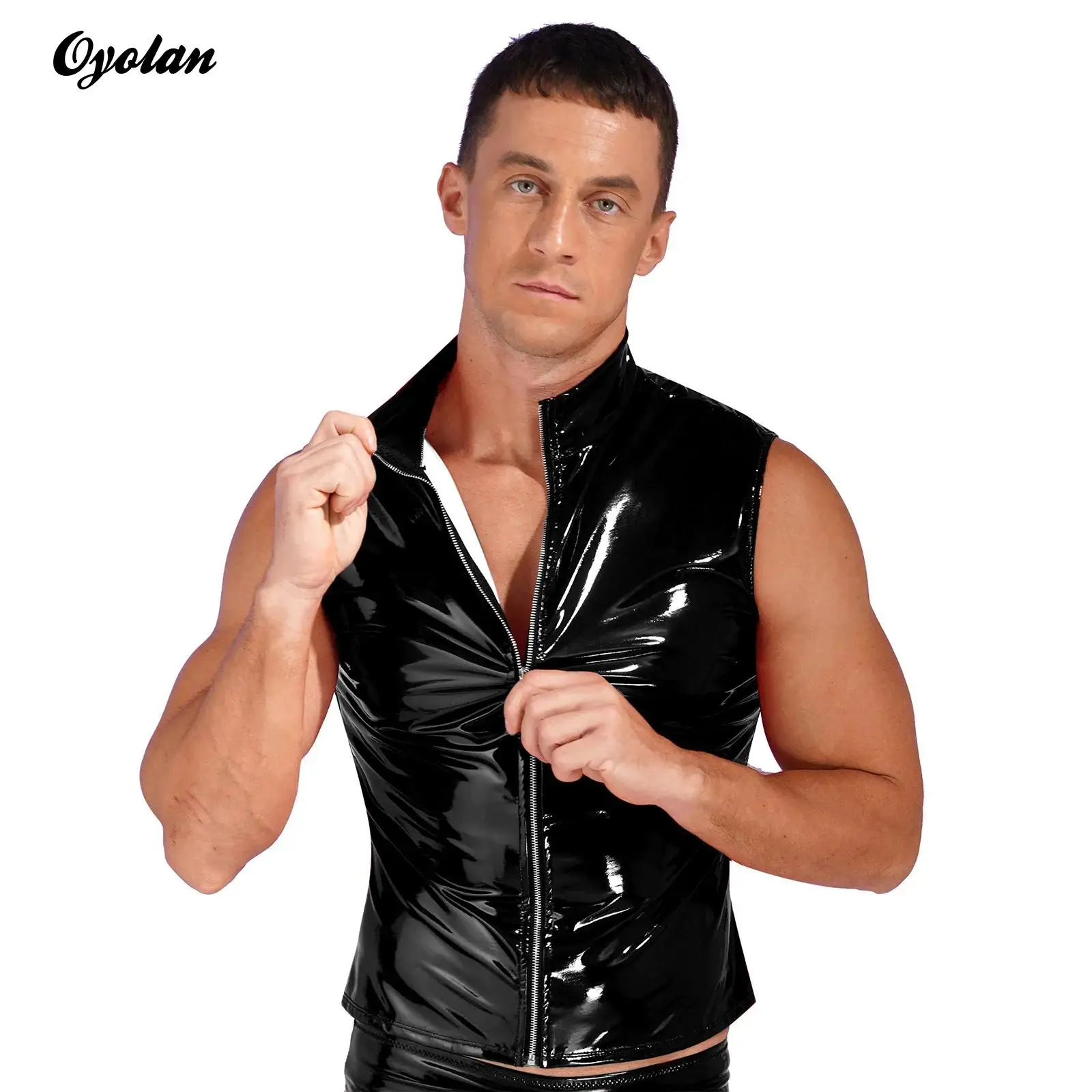 

Mens Fashion Zipper Sleeveless Jacket Crop Top Patent Leather Stand Collar Vest Tops Wet Look Festival Rave Party Punk Clubwear