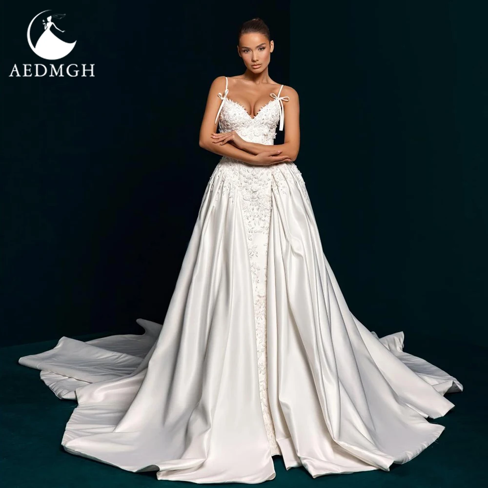 

Aedmgh Элегантные свадебные платья трапециевидной формы на тонких бретельках Vestido De Novia с кружевной вышивкой и блестящим атласом, свадебное платье на заказ