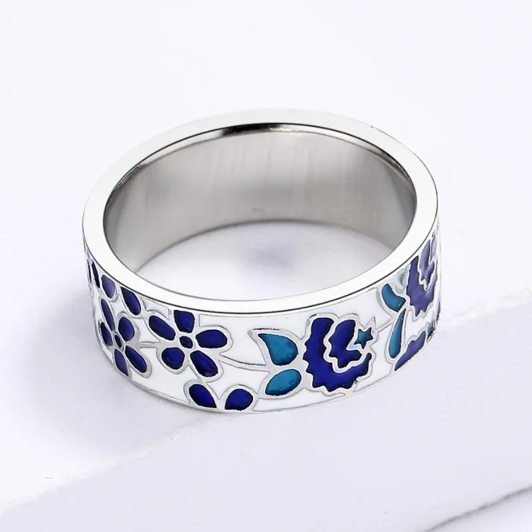 Classic Retro Temperament Elegant Ring Creative Blue Enamel Ring Flower Fashion Party For Ladies Jewelry Party Gift