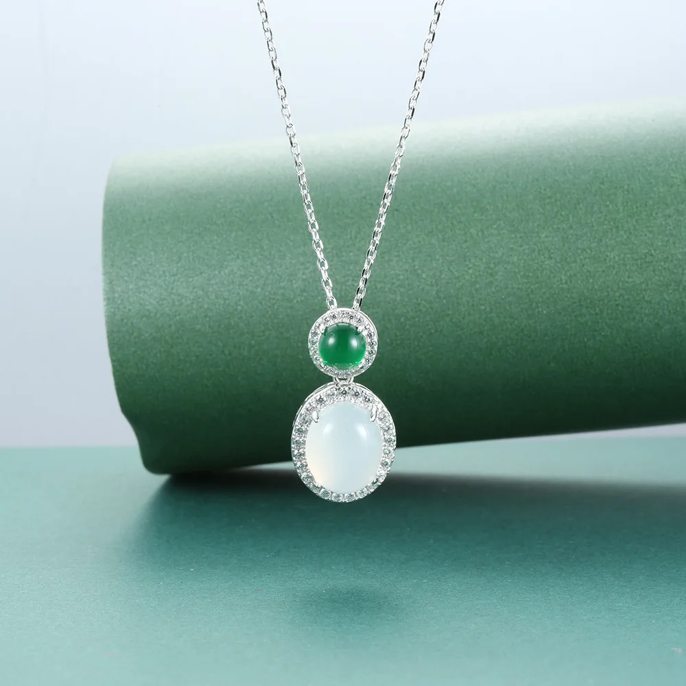 S925 Silver Whole Body Sterling Silver Chalcedony Green Gourd Necklace Agate Egg Surface Necklace Luxury Set New Chinese Style