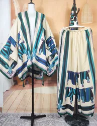 Artı boyutu orta doğu 2023 yeni moda tasarımcısı pamuk müslüman bayan gevşek iki adet Set bahar yaz Boho Kimonos + pantolon