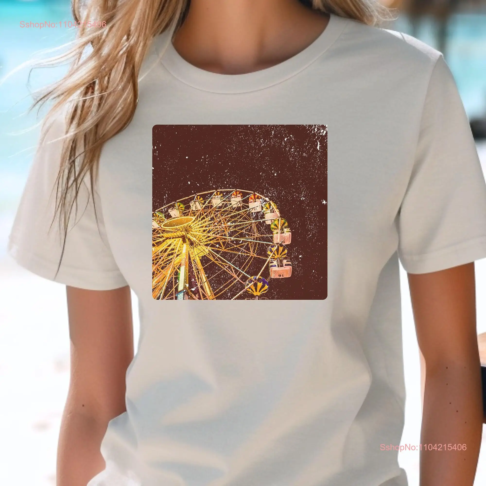 Weathered Print Ferris Wheel T Shirt Trendy Carnival Amusement Park Aged Look Vintage long or short sleeves