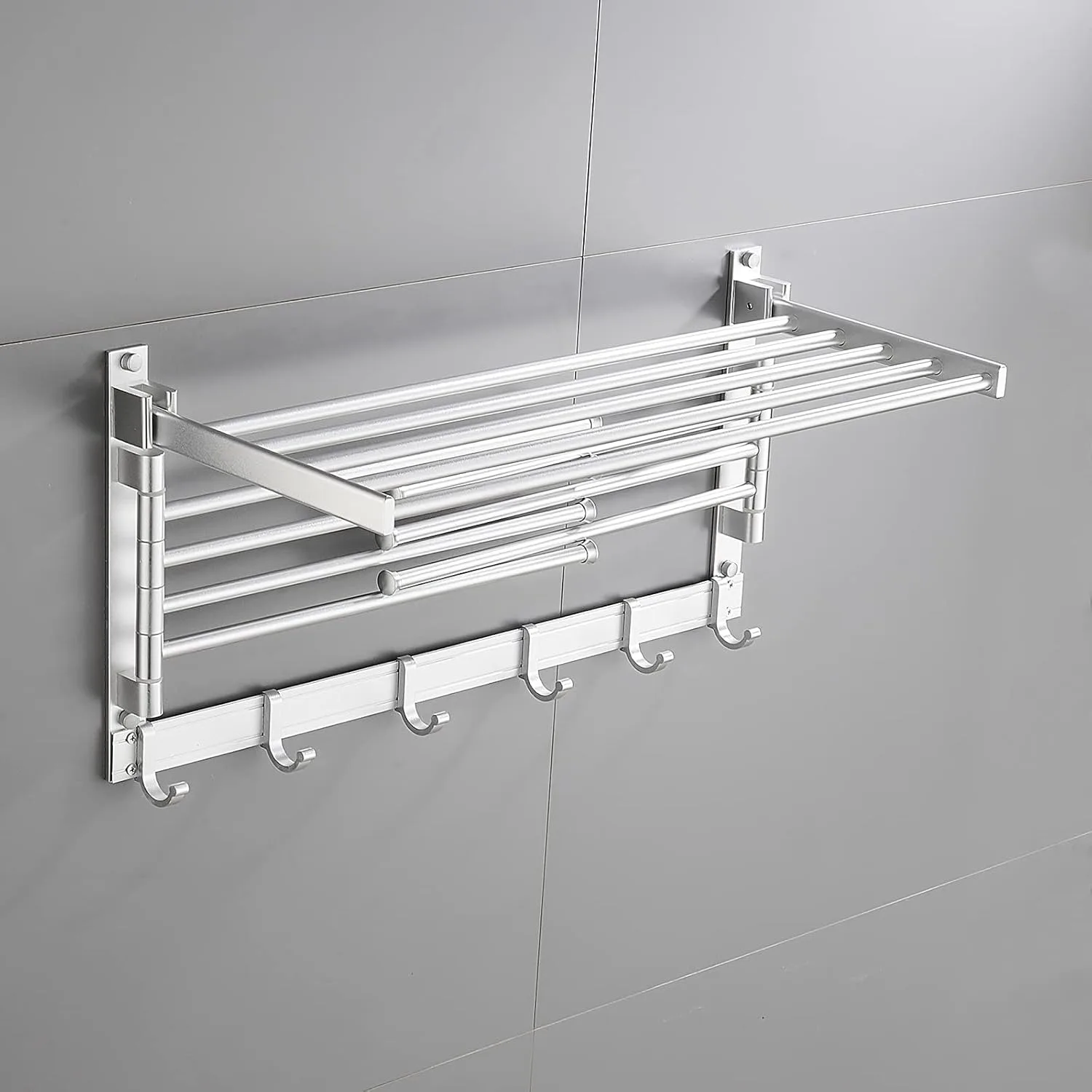 

Laundry Clothes Drying Rack, Wall Mounted Swivel Towel Rack with Hooks and Swing Arms, Space Saver in Laundry Room and Bathroom