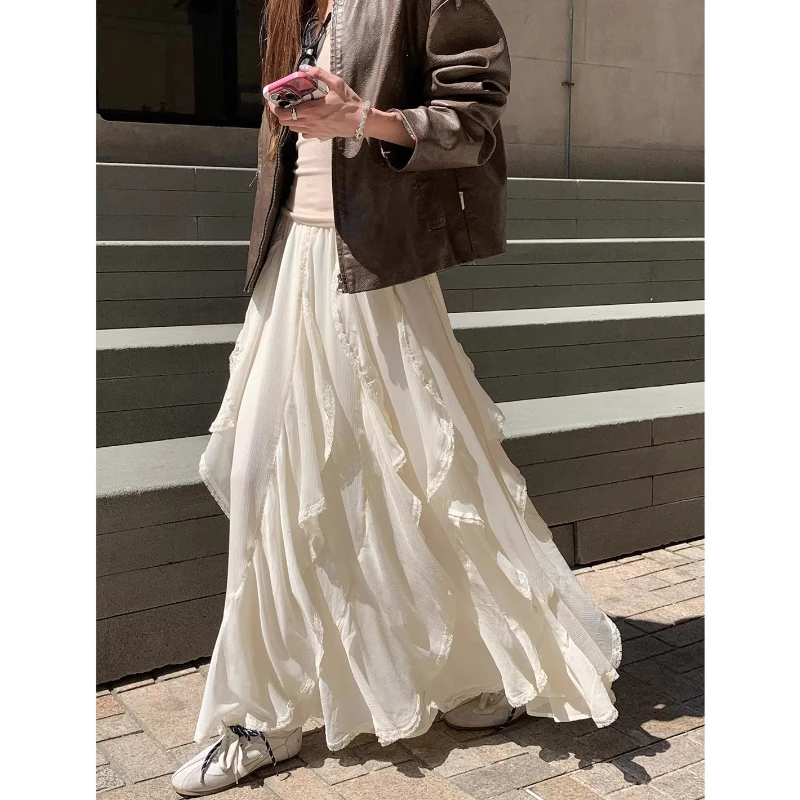 Apricot Lace Ruffled Skirt Female 2026 New Spring Irregular A Line Tirred Cake Fairy Veil Maxi Long Skirts White Elegant Sweet