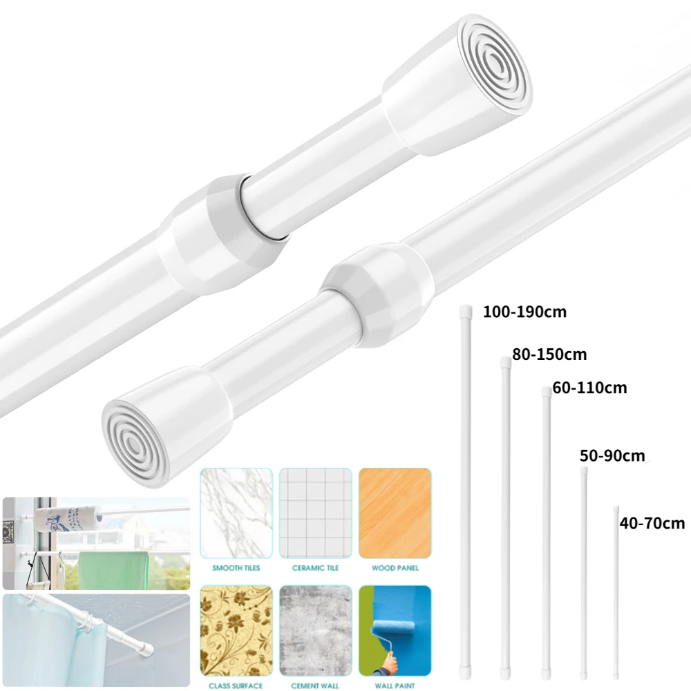 Tension Rods For Curtains 40-150CM White Curtain Rod Extendable Poles No Drill Adjustable Net