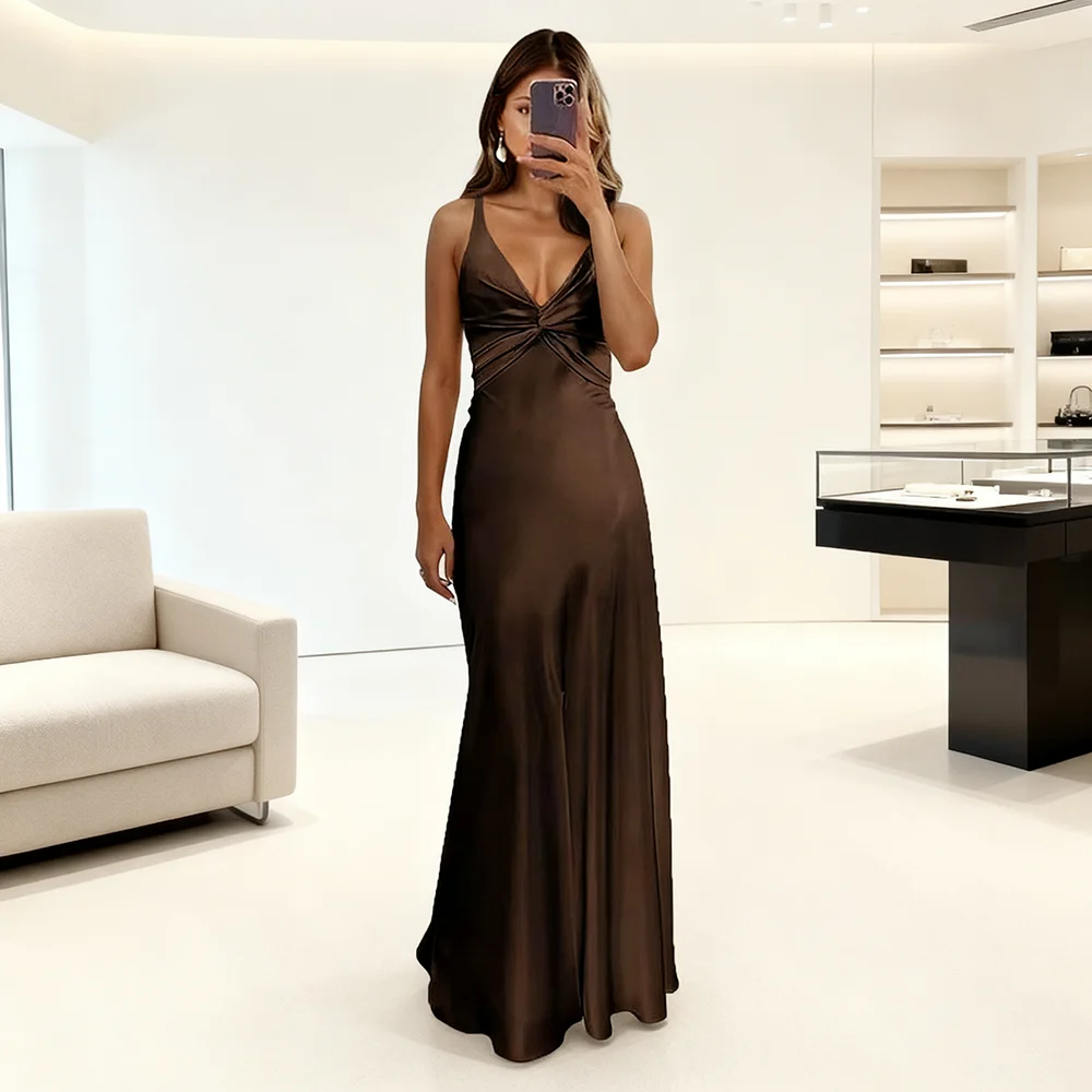 

Satin Bodice Customized Evening Dresses With Knot Slim Fit فساتين سهرة Pleated Vestidos De Fiesta Spaghetti Strap Gown