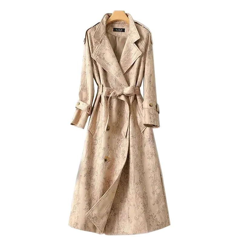 

Spring Autumn Chamois Suede Cape Trench Coat Women's Long Outerwear Print Windbreaker Lady Top Double-Breasted Belt Trench JH296
