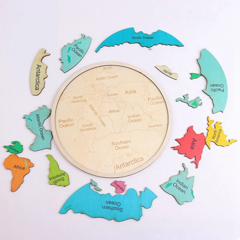 Montessori Wooden World Map Puzzle For Kids 3-6 Interactive Geography Learning Toy With Continents Oceans Wooden Jigsaw