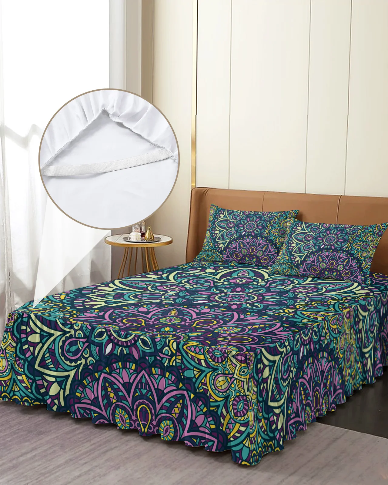 Colorful Flower Mandala Bohemia Totem Bed Skirt Elastic Fitted Bedspread With Pillowcases Mattress Cover Bedding Set Bed Sheet