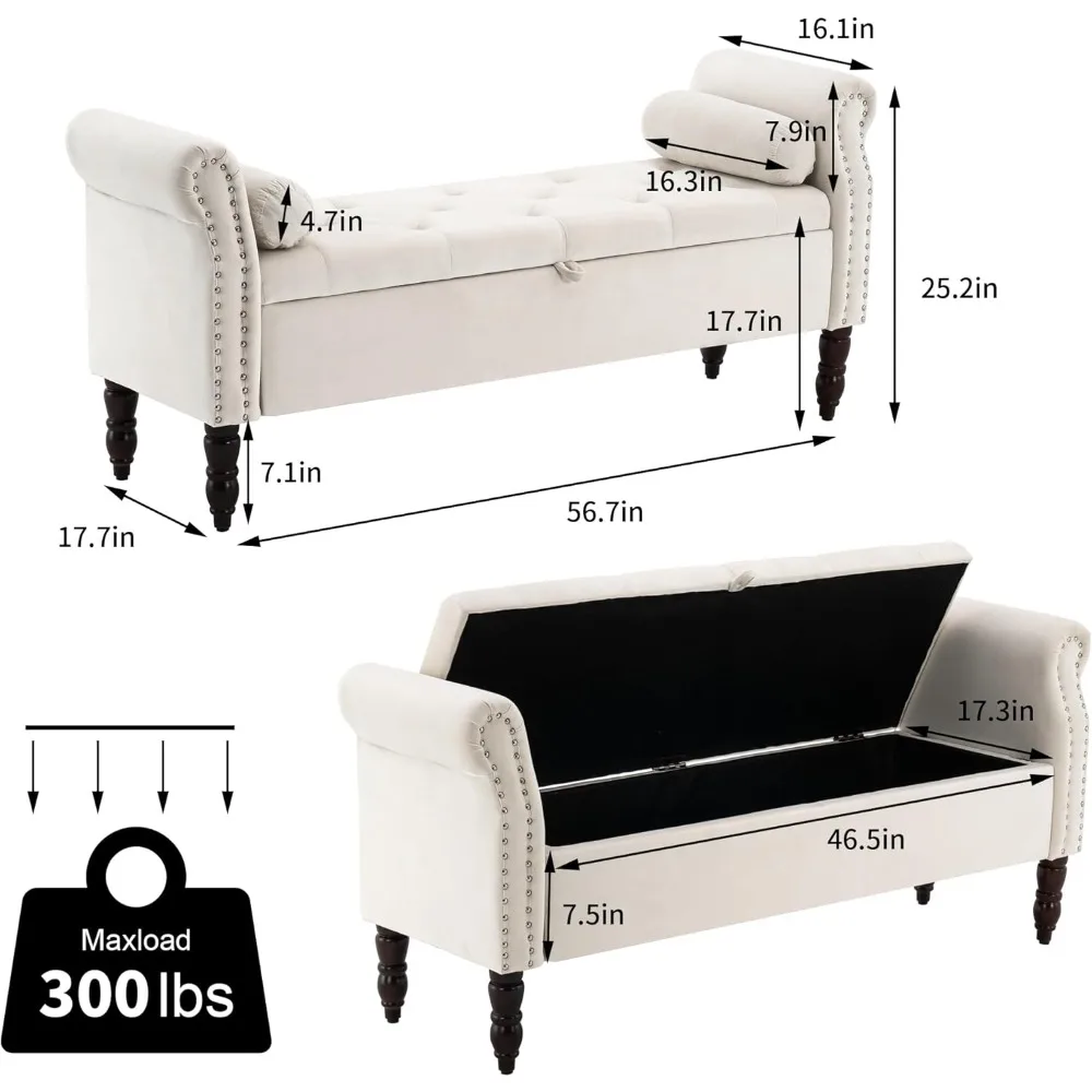 مقعد تخزين لغرفة النوم، طول 57 بوصة، عثماني منجد بأزرار مع مساحة تخزين ووسادتين #2