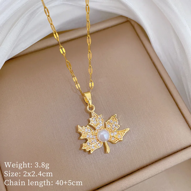 DIEYURO 316L Stainless Steel Golden Maple Leaf Pearl Zircon Light Luxury Pendant Necklace For Women Waterproof  Jewelry Gift view 6