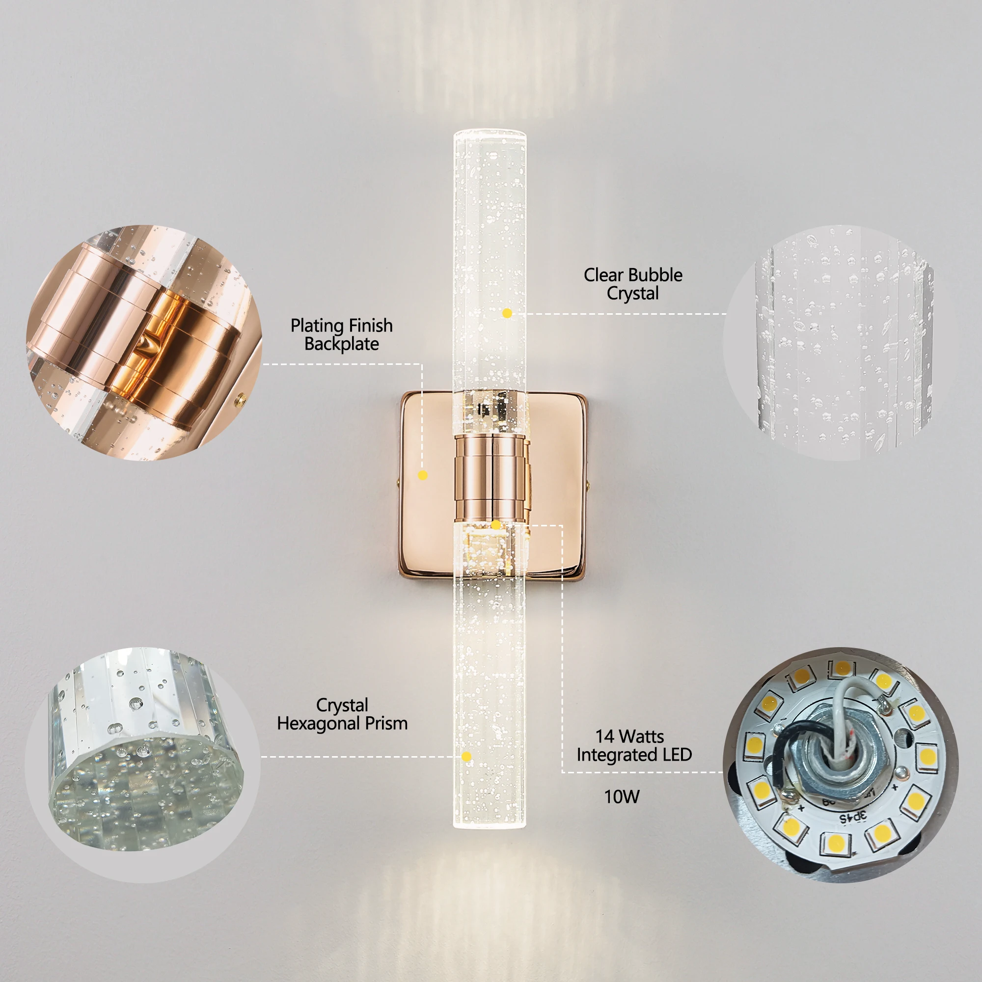 2-Light Contemporary Crystal Wall Light, Gold Plating Finish with Bubble Crystal, Sconce Modern Indoor Lighting Fixture