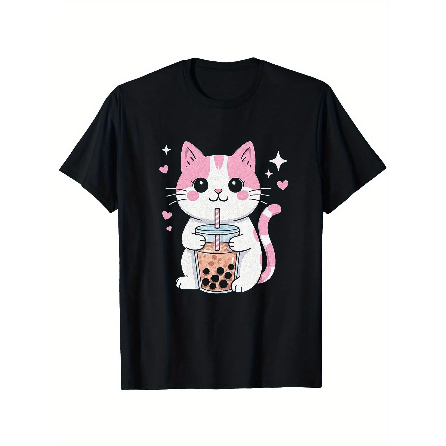 

"Kawaii Boba Cat T-Shirt. Women Men Cute Bubble Tea Graphic Tee. Pink Kitten Print Top. Pet Lover Gift. Anime Aesthetic Apparel.