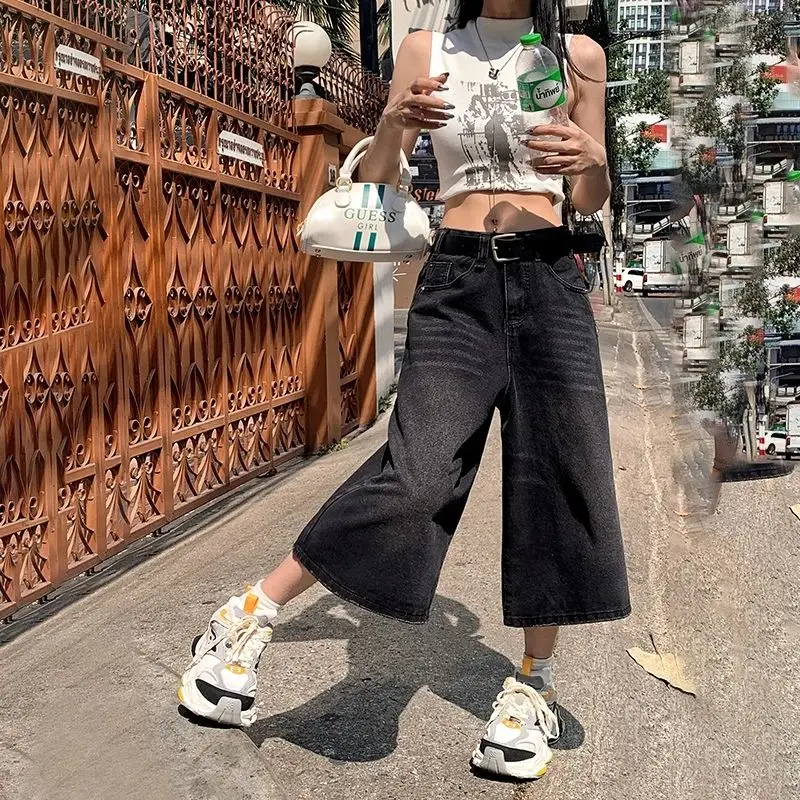 Summer American Style Vintage Women Baggy Jeans Y2k Loose Washed High Waist Knee Length Denim Pants Streetwear Wide Leg Shorts