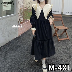 Peter Pan Collar Dresses Women Patchwork Sweet All-match Age-reducing Basics Designed Leisure Students Daily Autumn Korean Style