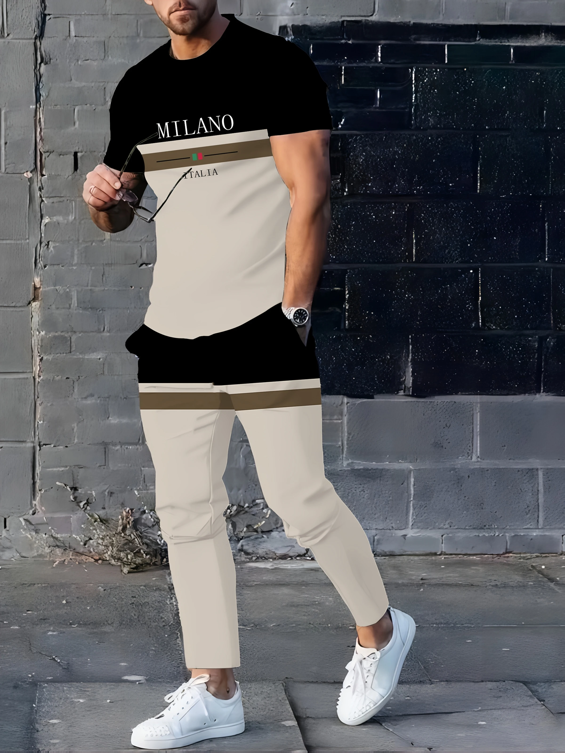 

Men's Soft And Breathable Striped Letter 3D Printed Pattern Top 2025 Men's Outdoor Autumn Round Neck Quick Drying T-Shirt Set