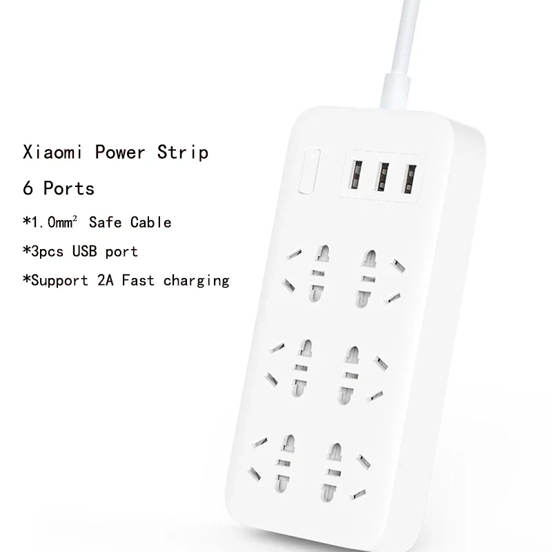 Original XiaoMi Power Strip Fast Charging 3 USB with 6 Port 1.8 M Hidden Warning Light Power Plug Power Strip Adapter