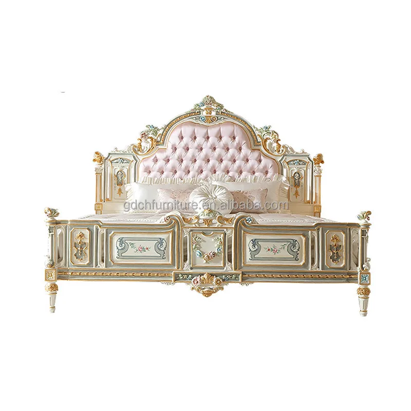 French Palace Painted Classic king Size Bed Solid Wood Carved Bedroom Luxurious Hand Drawn Wedding Bed
