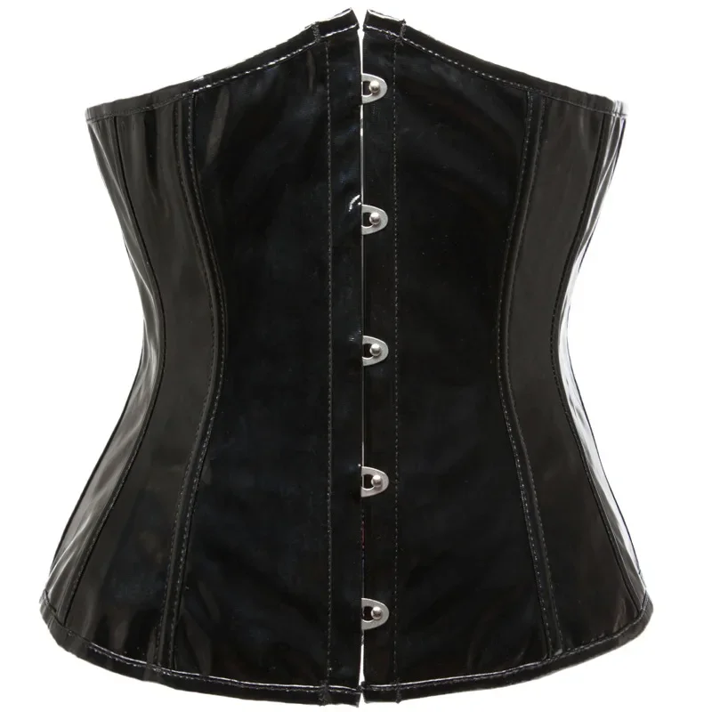 Black PVC Vinyl Corset Top Women Leather Underbust Bustiers Lace Up Plastic Boned Body Shaper Short Torso Sexy Corselet