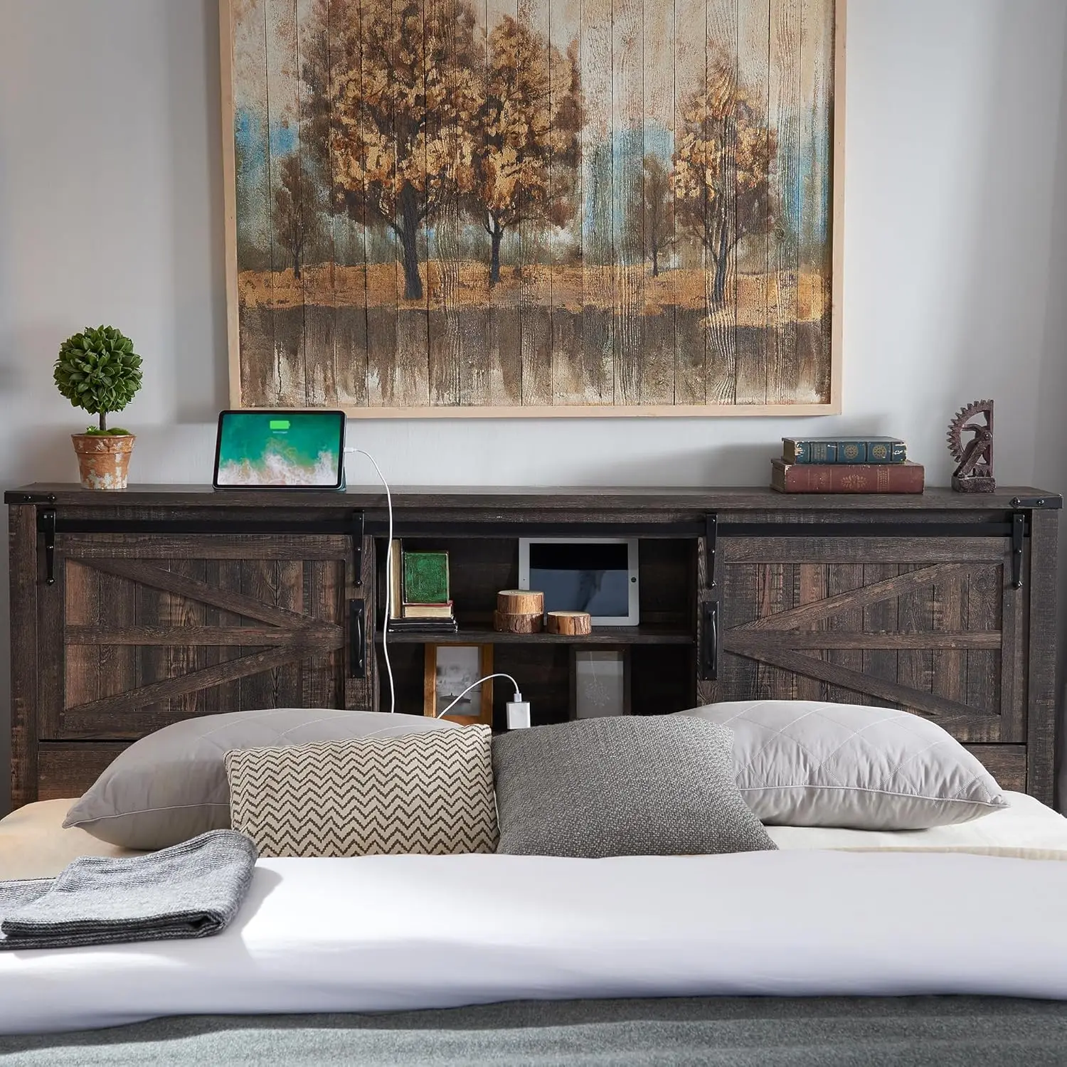 Sliding Barn Door, Charging Station, Rustic Wood Platform Bed w/Wood Slats Support, No Box Spring Needed, Dark Rustic Oak