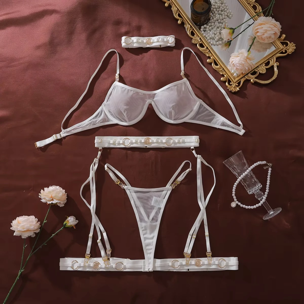 Sexy White Mesh Sheer Women's Lingerie Sets Metal Buckle Body Shaping Push Up Bra and Panty Garter Belts Party Exotic Underwear - Image 6