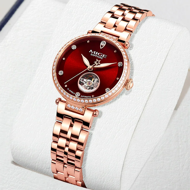 MIGE Ladies Automatic Watch Rose Gold Steel Band Red Dial Inlaid Crystal Hollow Sapphire Luxury Female Mechanical Wristwatch