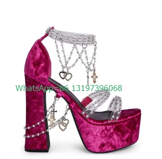 Lady suede platform PVC chian Mary Janes shoes sequins open toe pearl design pumps high heels sandals shoes size 35-46 footwear