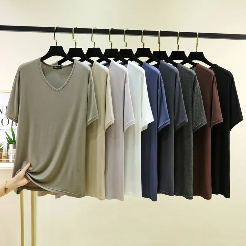 Model Men's Loose Casual Summer Pajamas V-Neck Short-Sleeve T-Shirt Solid Short-Sleeve Plus-Size Stretchy Basic Top Sleepwear