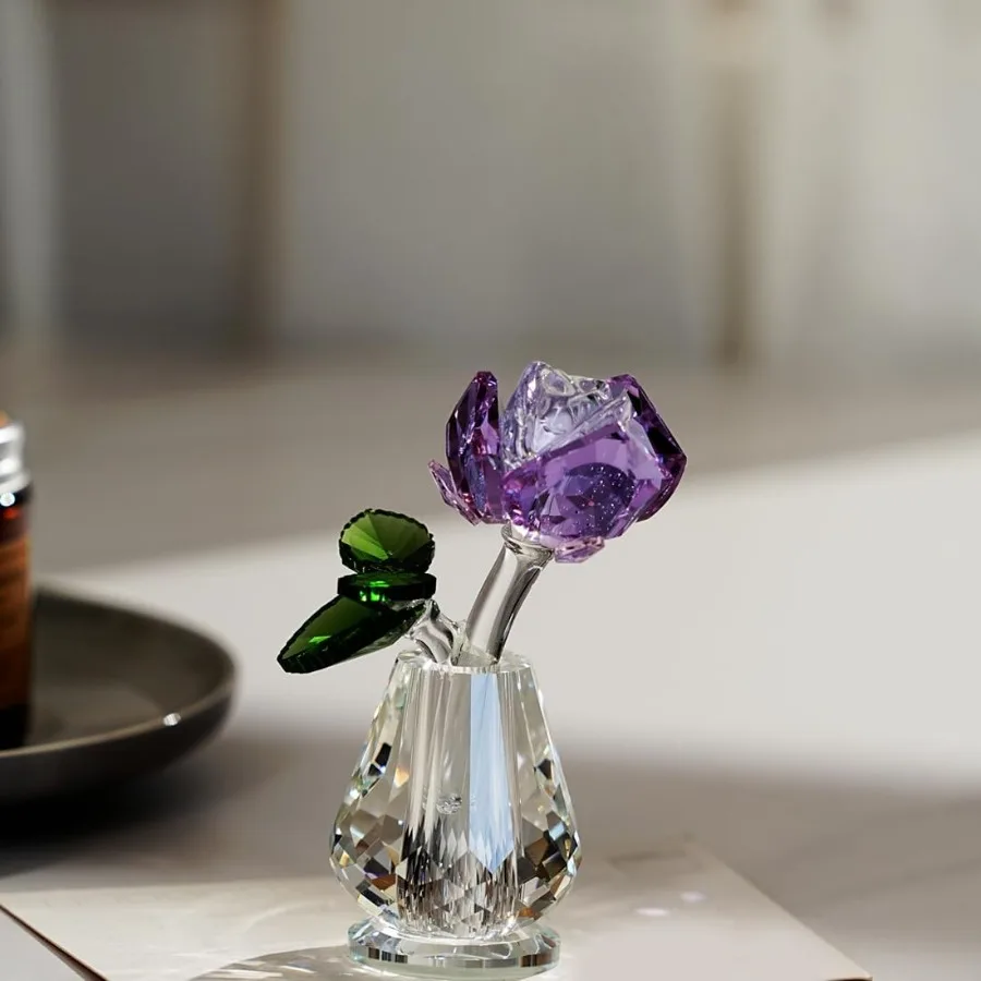 

Handmade Crystal Rose Sculpture with Crystal Vase Suitable for Home Table ration Crystal Rose Gift Perfect for Mother's Day Wed