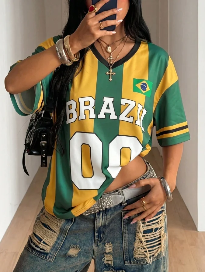 2026 Women Brazil Striped Sports Jersey Short Sleeve,V‑Neck 3D Printed Quick‑Dry T‑Shirt,Back To School
