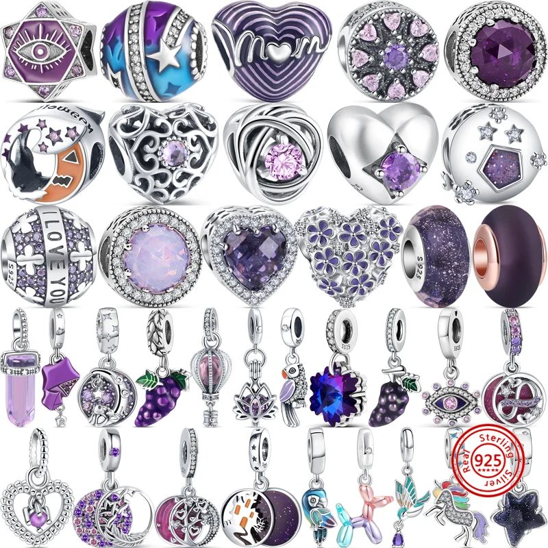 925 Prata DIY Beads Fit para Pulseira Pandora, Nova Série Roxo, Coração, Uva, Estrelas, Lua, Olho, Papagaio, Vidro, Encantos Originais, Pulseira, Jóias Finas