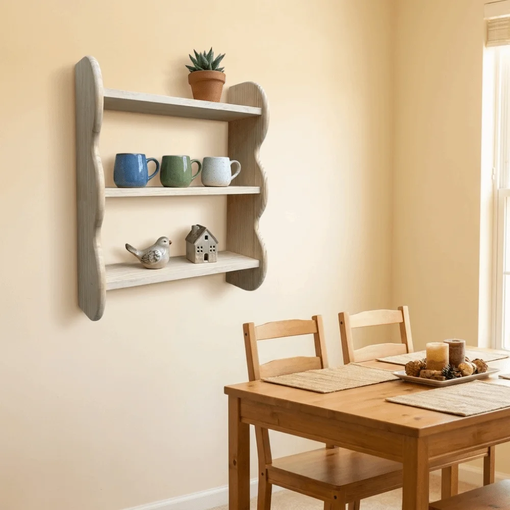 Wooden 3 Tier Wall Mounted Shelf Space Saving Large Capacity Wavy Edge Wooden Wall Shelf with Screws Wall Storage Rack