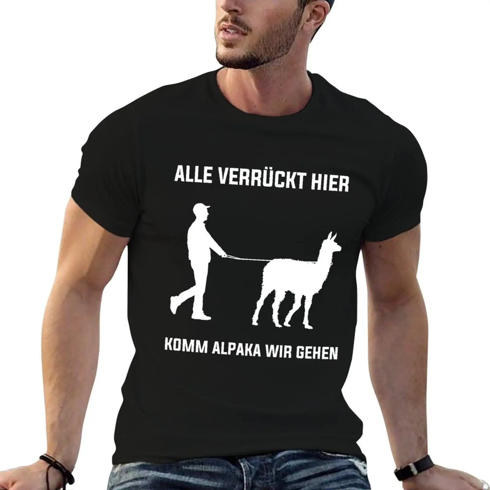 T-shirt à manches courtes en coton doux avec citation amusante : Alle Verrückt Hier Komm Alpaka Wir Gehen