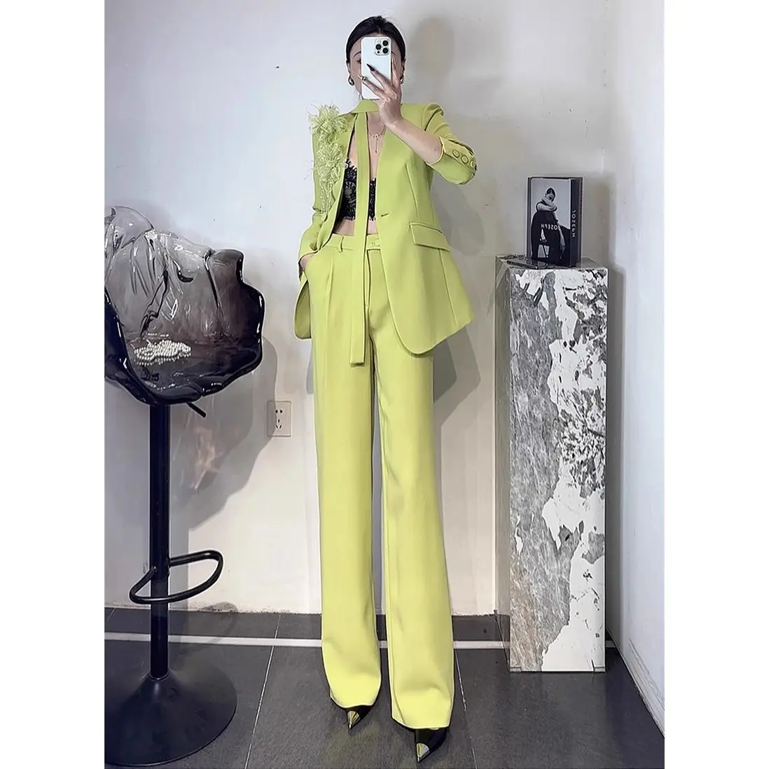 

High-End Pants Set Spring/Autumn New Elegant Luxury Avocado Green Floral Ribbon Blazer Suit Pants 2-Piece Set Women Outfits