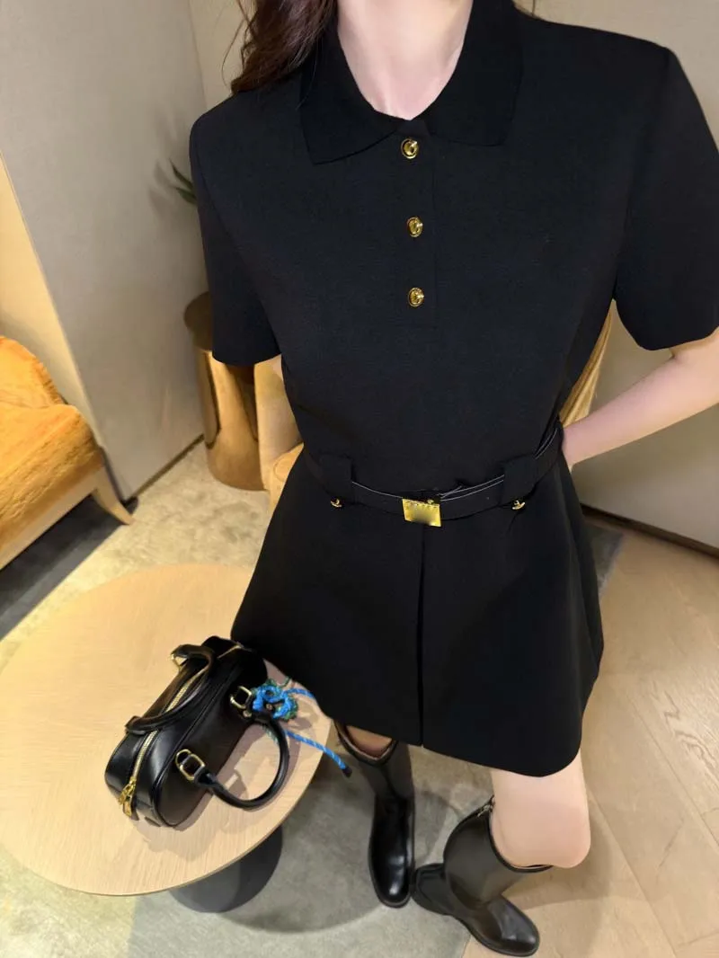 

Ladies' dress with socialite style, fashionable and noble temperament, metal belt, slim fit and slimming A-line short skirt