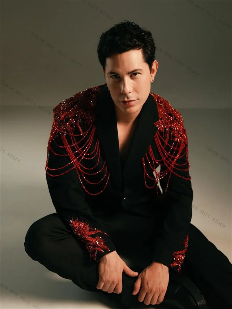 

Мужские костюмы с красными кристаллами и бисером, комплект из 2 предметов, черный пиджак + брюки, брюки, свадебный смокинг, хлопковый формальный офис, индивидуальная куртка, пальто