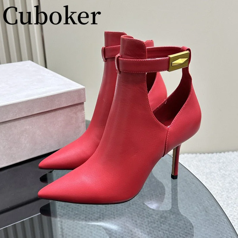 

2024 Summer Women Leather Hollow out Pointed Toe Pumps Sexy Slingback Ladies Sandals Summer Party Dress Metal Buckle Boots Women