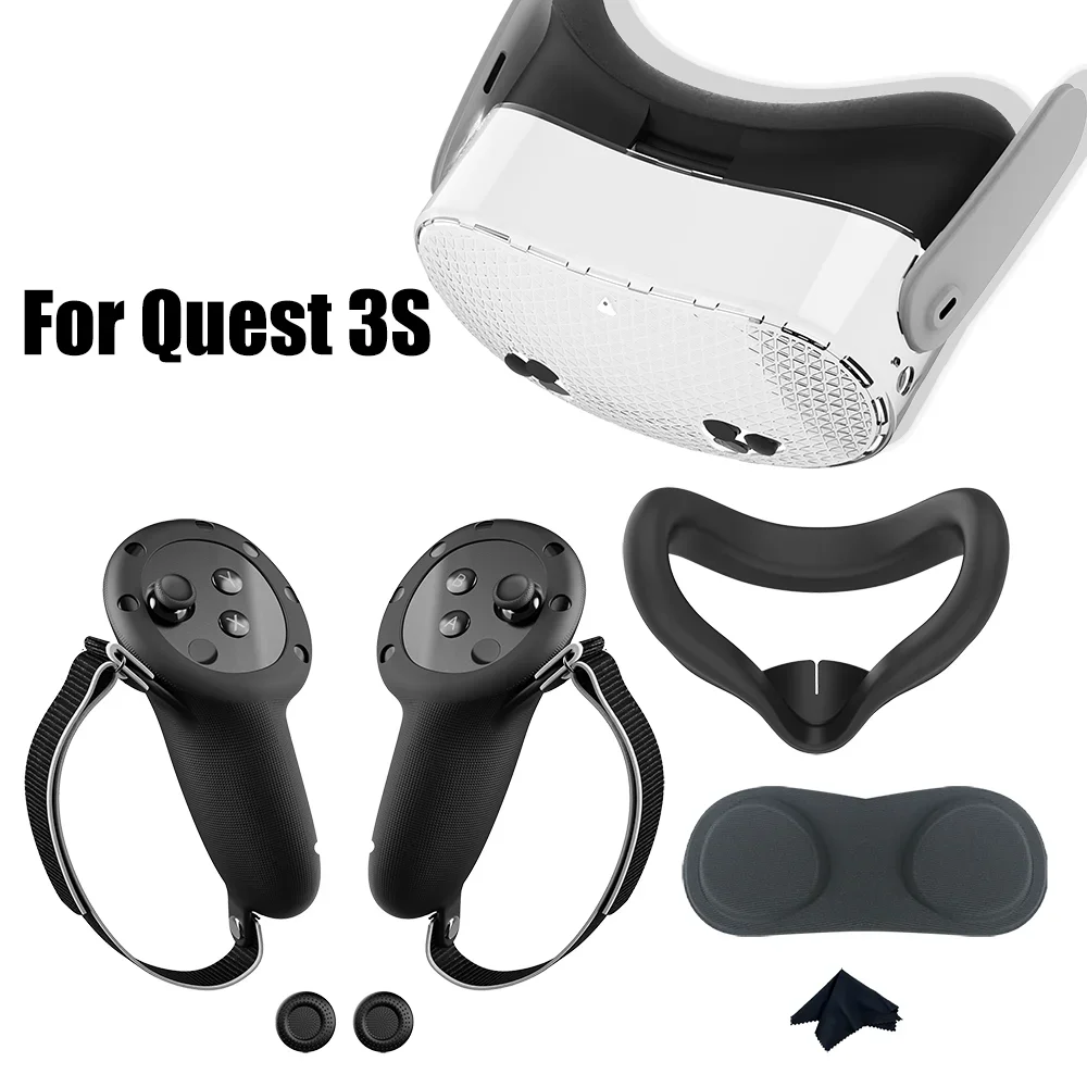 For Meta Quest 3S Transparent PC Shell & Silicone Protection Kit Includes Controller Grips Face Cover and Lens Protector