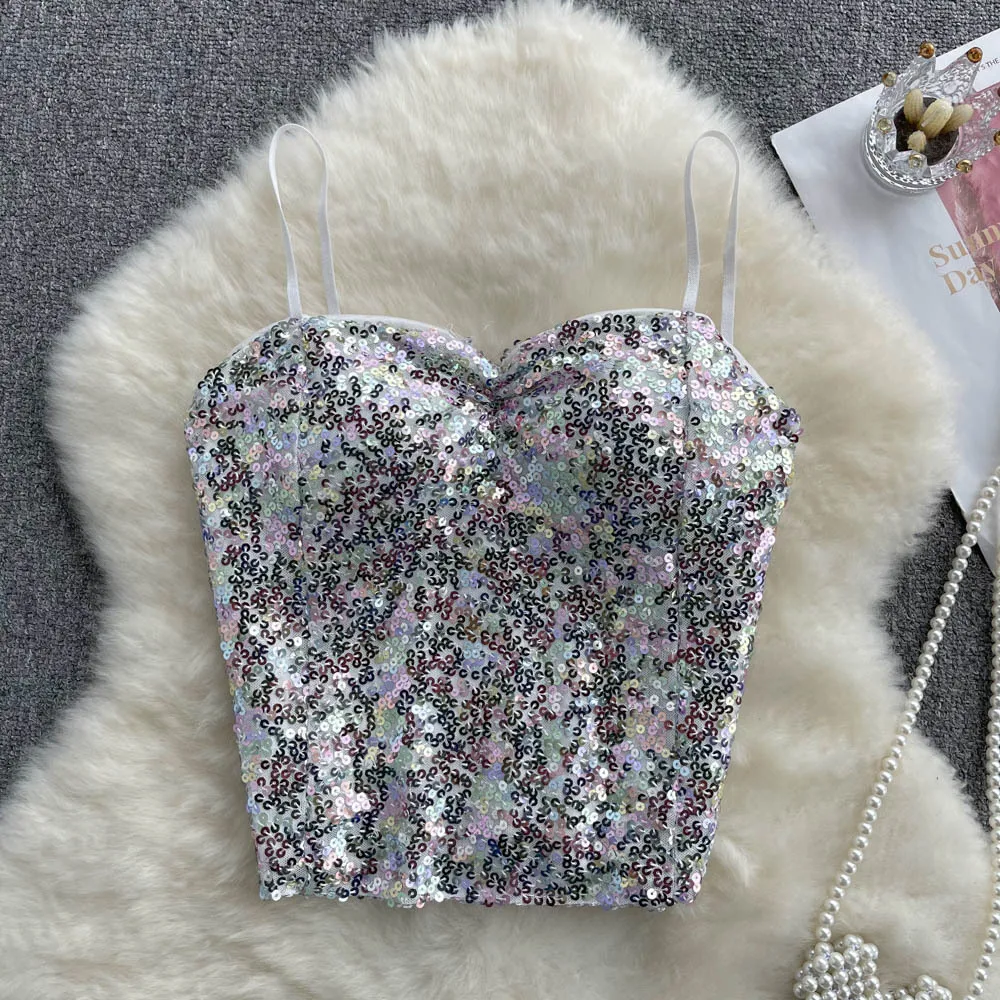 Pink Sequined Corsets for Women Spring Summer 2023 Sleeveless Sexy Sparkly Cropped Cami Tops Nightclub Party Outfits