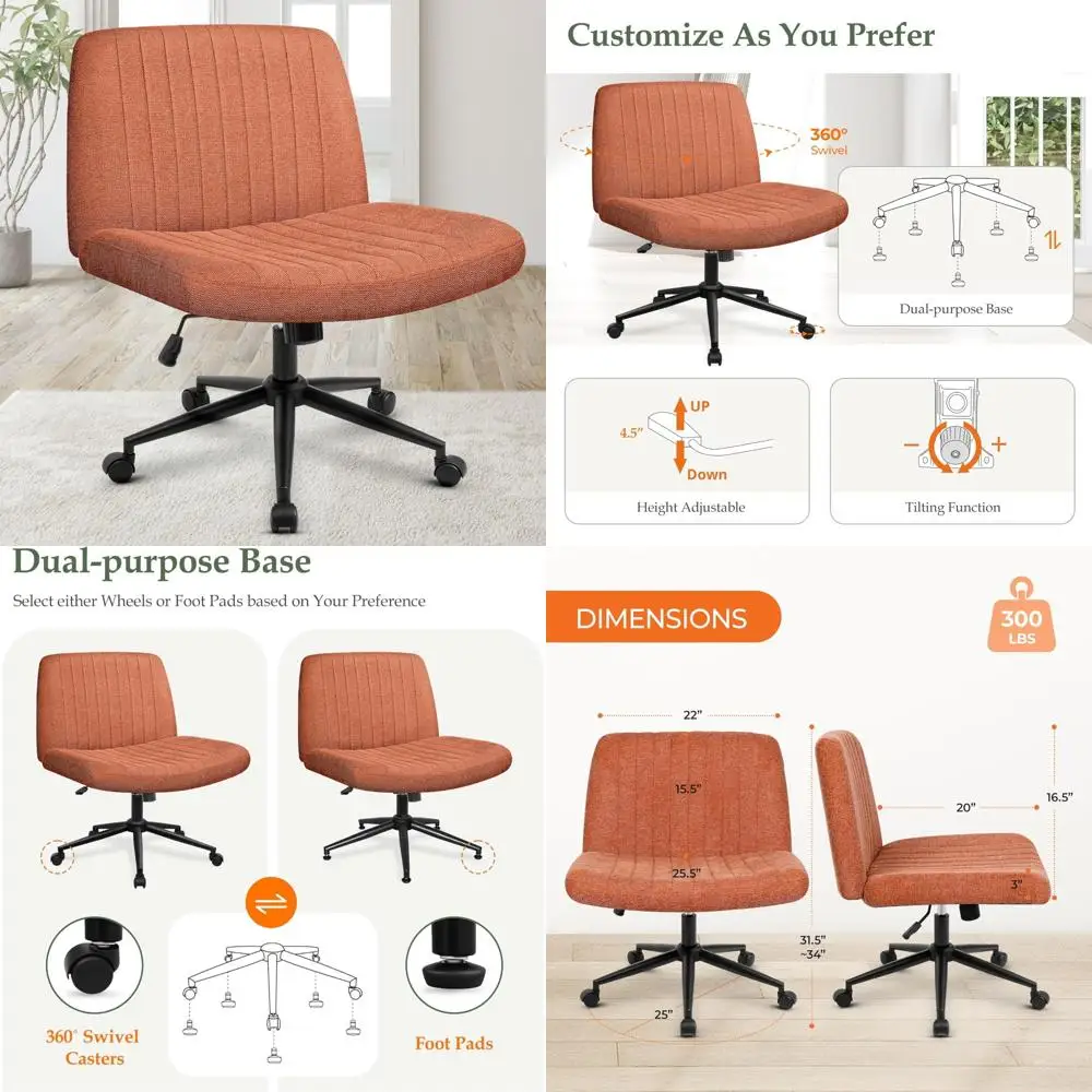 Verstellbarer, drehbarer, armloser Bürostuhl mit breiter, überkreuzter Basis, bequemer Stoffsitz, Doppelsockelunterstützung